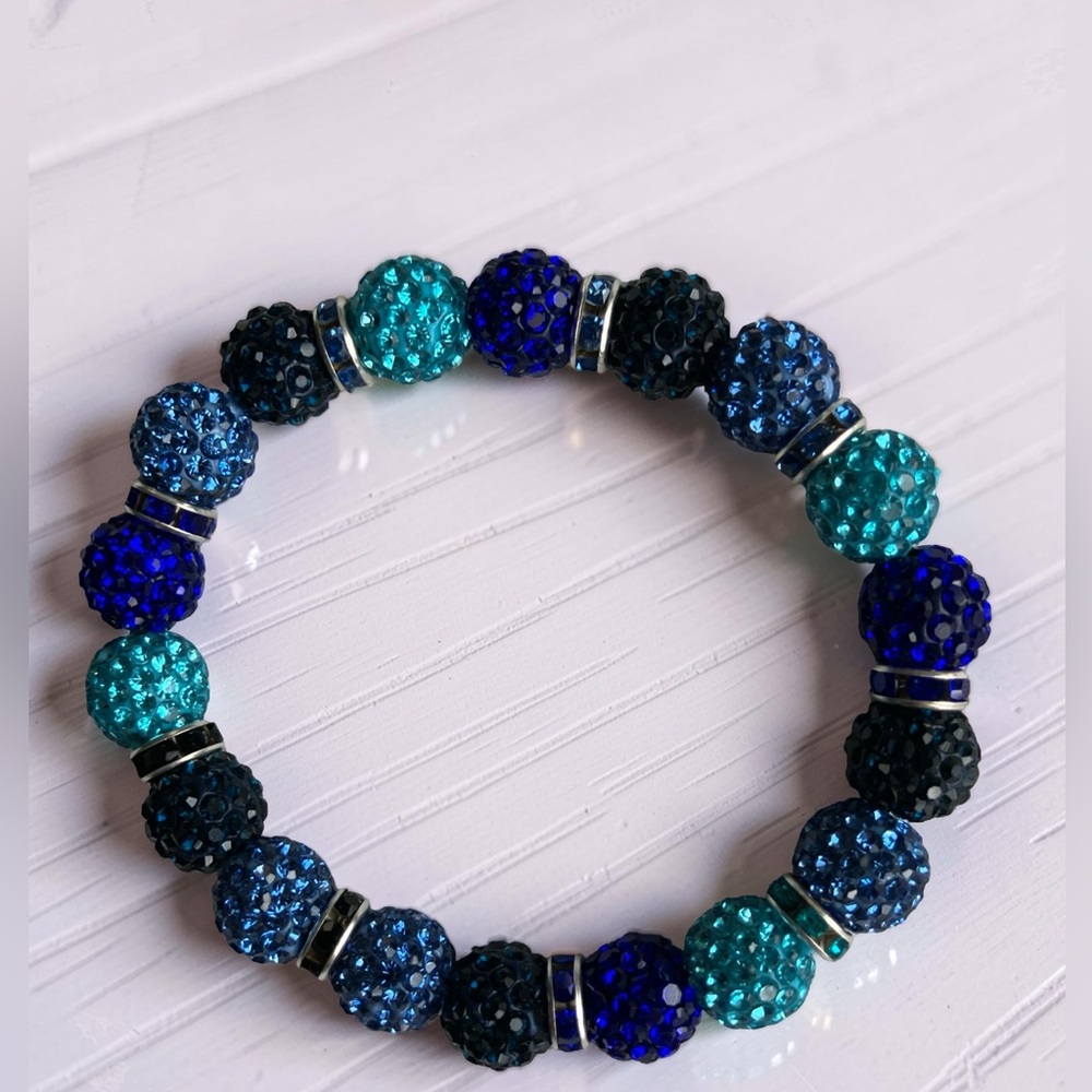 Handcrafted Pave Bead Stretch Sparkly Multi Blue Black Bracelet Women NEW